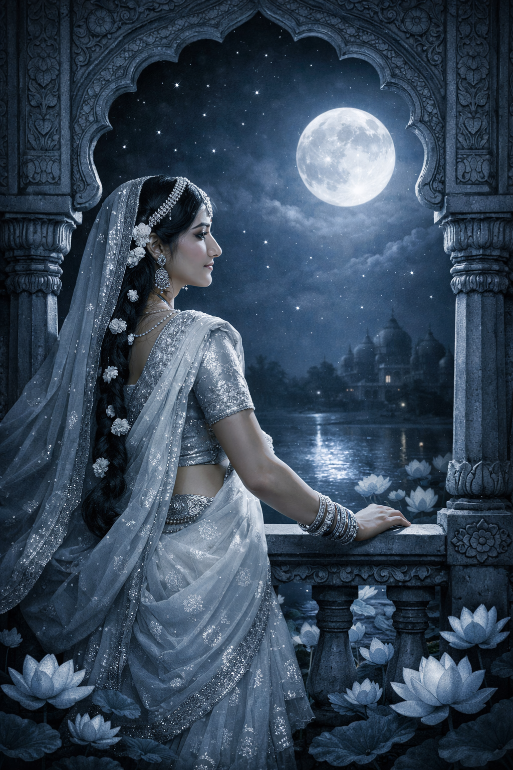 Radha Rani on ornate jharokha balcony at night gazing at full moon with silver moonlight and dark blue atmosphere — HD wallpaper
